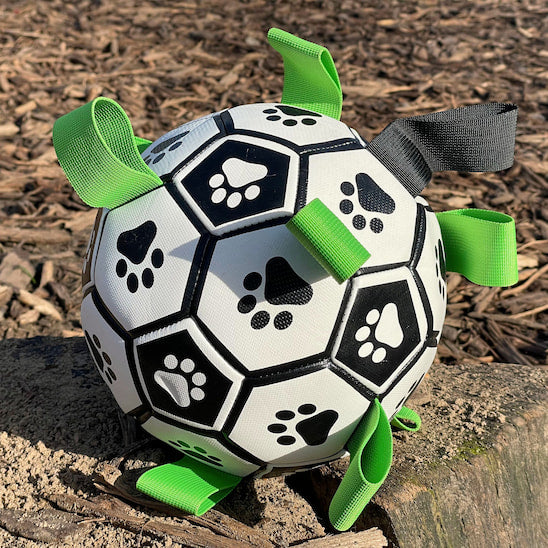 Balle interactive FootDog pour chien avec sangles de traction.
