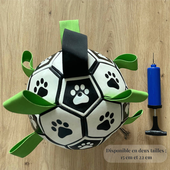 Balle pour chien FootDog avec pompe incluse, disponible en deux tailles 15 cm et 22 cm.