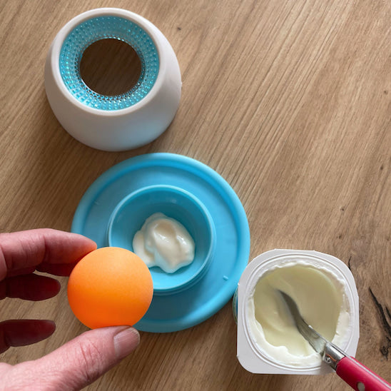 Préparation du jouet pour chien Bulle Gourmande avec une friandise pour occuper et apaiser le chien.